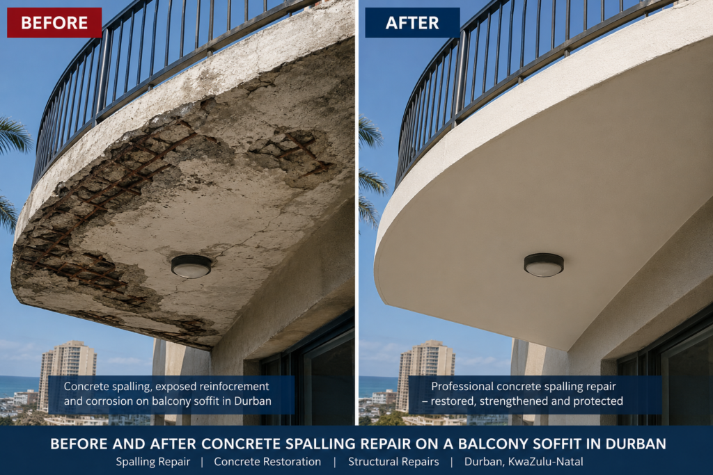 Before and after concrete spalling repair on a balcony soffit in Durban