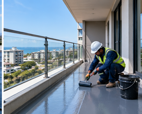 Worker applying a waterproof membrane to a coastal apartment balcony deck