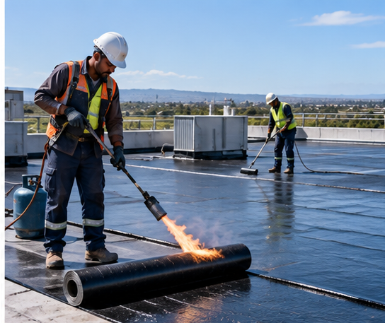 Worker torch-applying a bitumen waterproofing membrane to a commercial flat roof