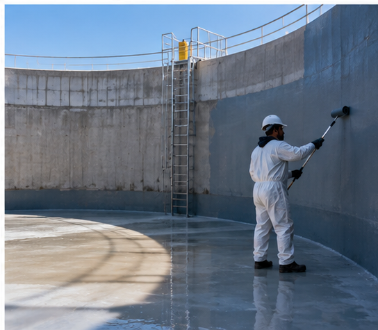 Worker in protective overalls waterproofing the inside wall of a concrete water reservoir