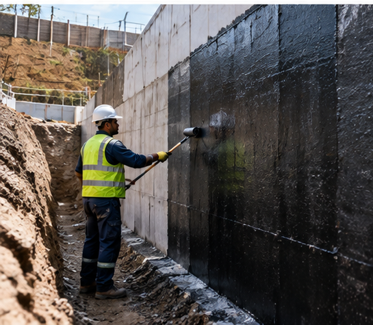 Worker applying waterproofing to an excavated basement retaining wall