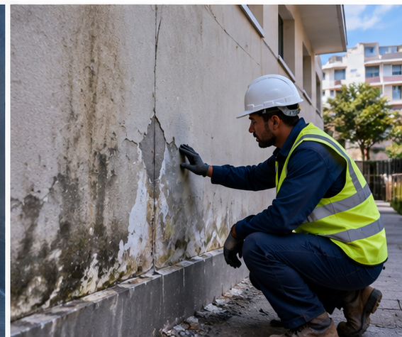 Worker inspecting a damp, stained exterior wall for water ingress