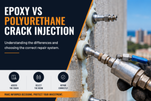 Injection ports and a pressure injection gun on a cracked concrete wall, illustrating epoxy vs polyurethane crack injection