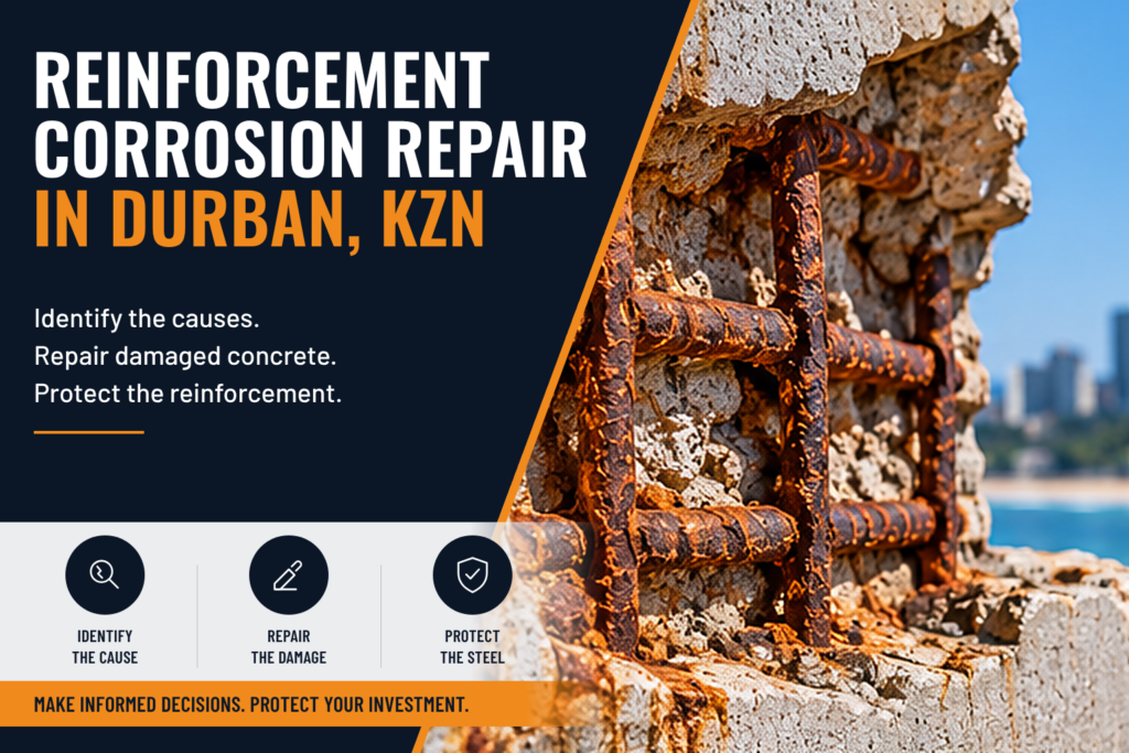 Corroded steel reinforcement exposed in spalled concrete on a coastal building, illustrating reinforcement corrosion repair in Durban, KZN